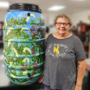 Sharon with her barrel, "Under the Chokecherry Tree"